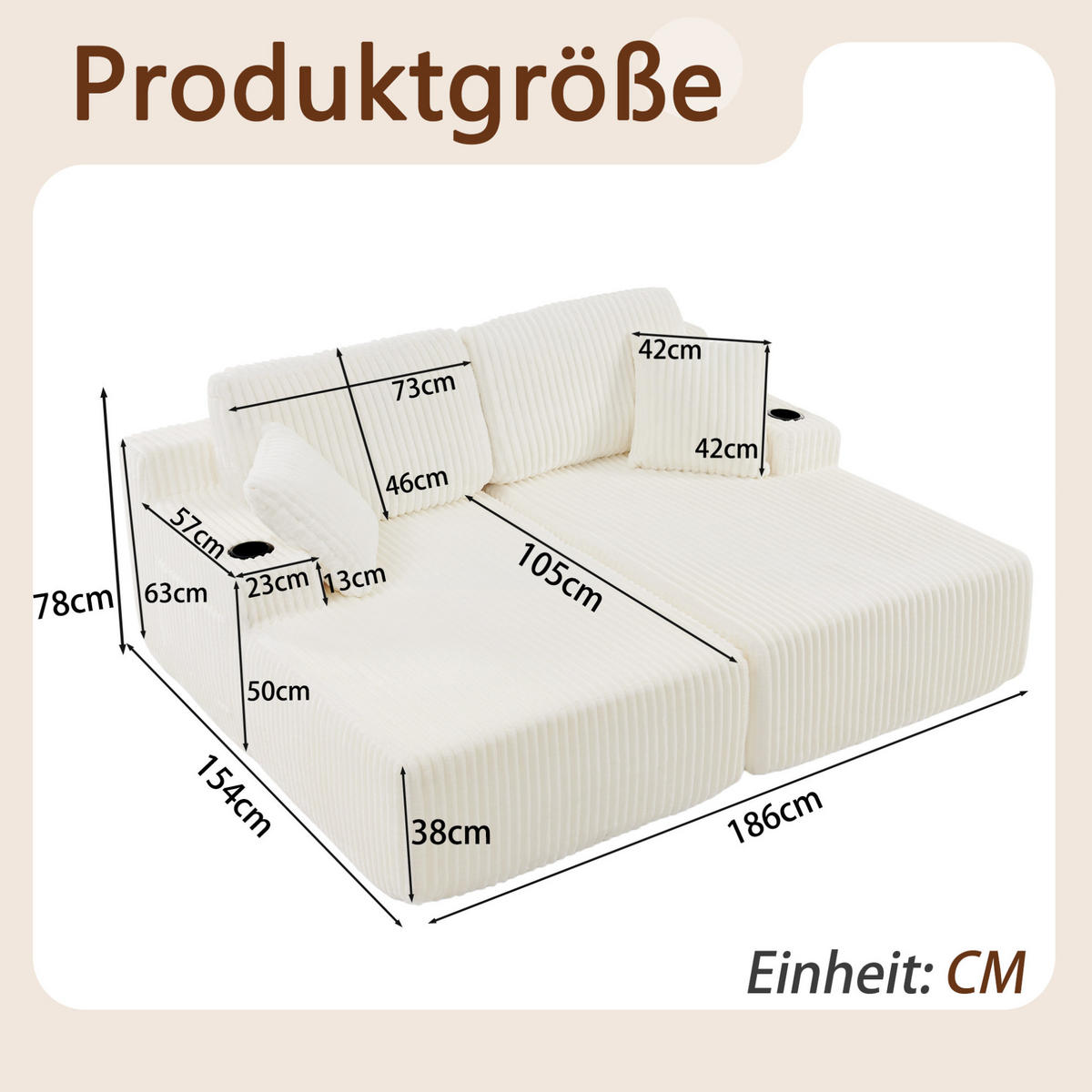 SCHLAFSOFA 2-Sitzer mit Getränkehalter und Seitentasche Beige - Beige, Textil (154/78/186cm) - Meubliv
