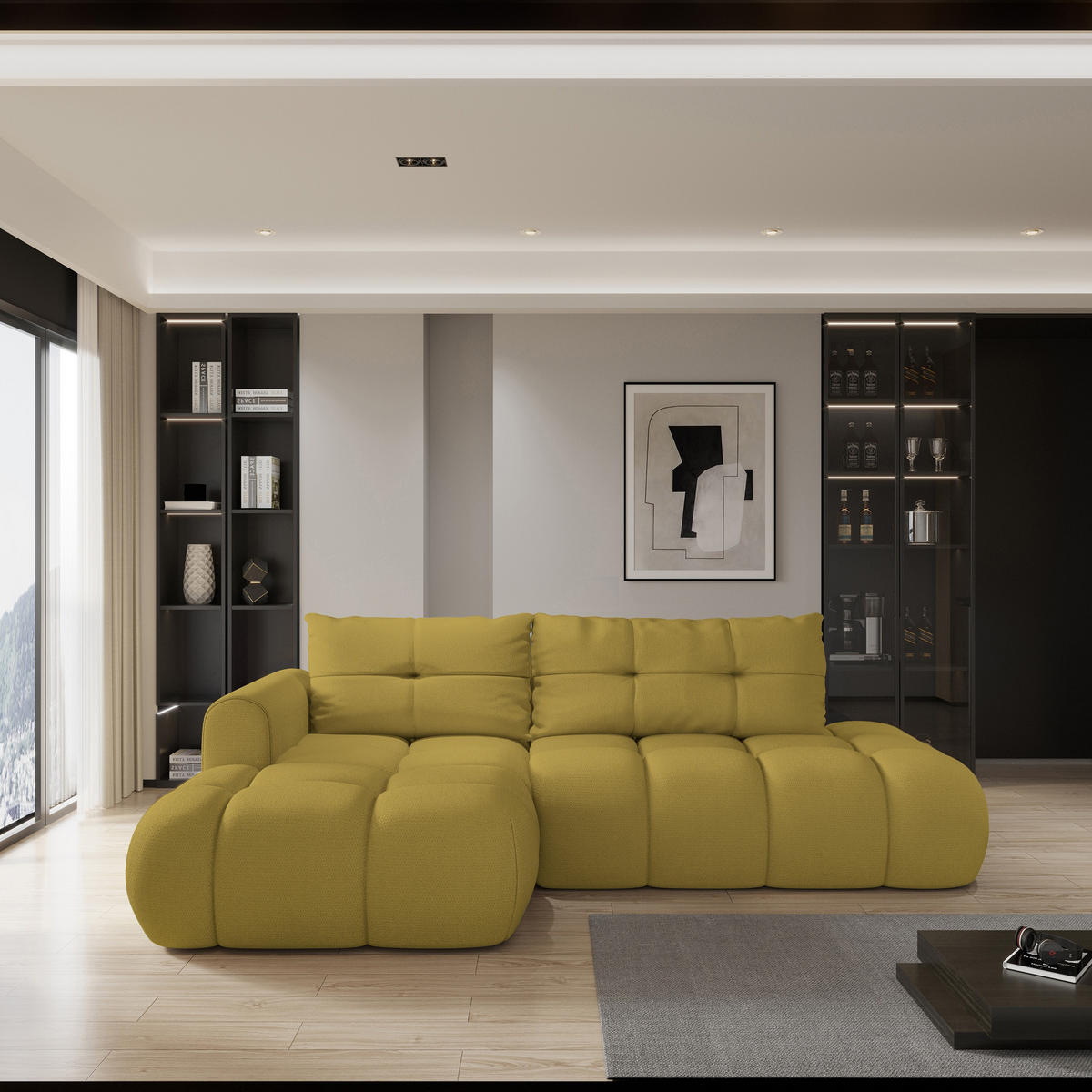 ECKSOFA FLUMA L-S Gelb Geflochtener Stoff mit Schlaffunktion - Gelb, Holz (279/158cm) - MASSENO