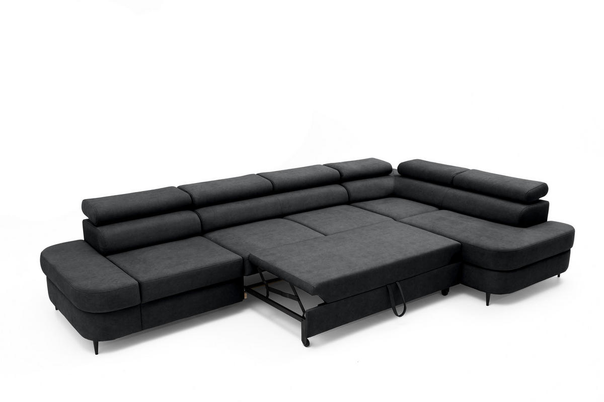 ECKSOFA PRIAM MAXI L-Form mit Schlaffunktion & Bettkasten, 6-Sitzer, 350cm, Verstellbare Kopfstützen, Ottomane Rechts - Anthrazit, Holz/Textil (350/203cm) - Muffo
