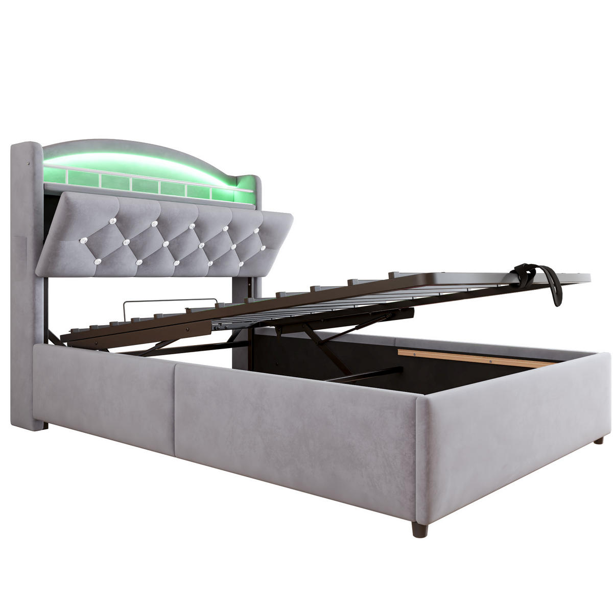 POLSTERBETT 90/200 cm grau mit Stauraum und LED-Beleuchtung - Grau, Textil (90/200cm) - OKWISH