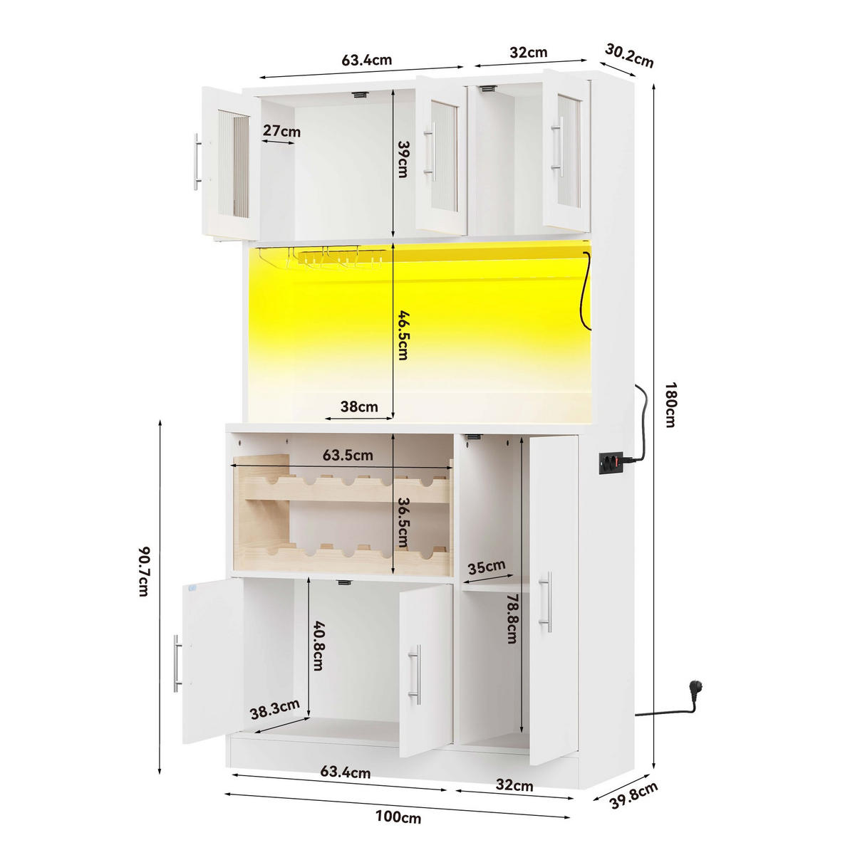 KÜCHENSCHRANK mit LED und Steckdose 100 x 40 x 180 cm MDF Weiß - Weiß, Holzwerkstoff (40/180/100cm) - Meubliv