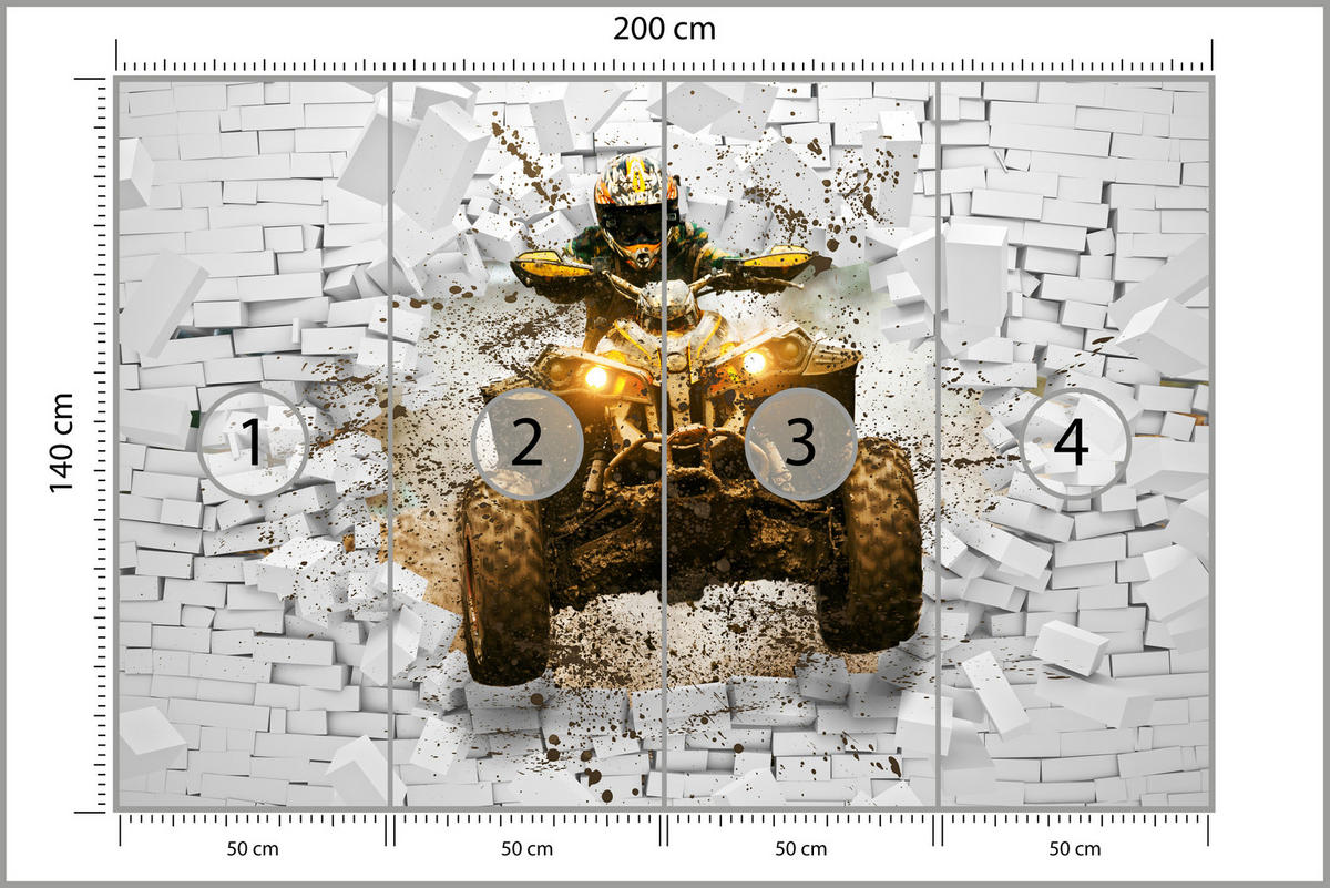 FOTOTAPETE für Büro Schlammbedecktes Quad Durchbricht Backsteinmauer 200x140 - Gelb/Beige, Papier (200/140cm) - Muralo