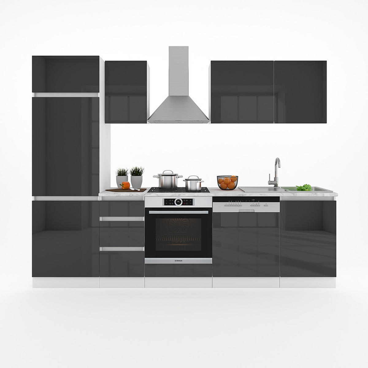KÜCHENZEILE Optima Anthrazit Hochglanz 270 cm ohne AP grifflos mit LED-Leisten - Anthrazit/Weiß, Holzwerkstoff (270/81.6/46cm) - Vicco