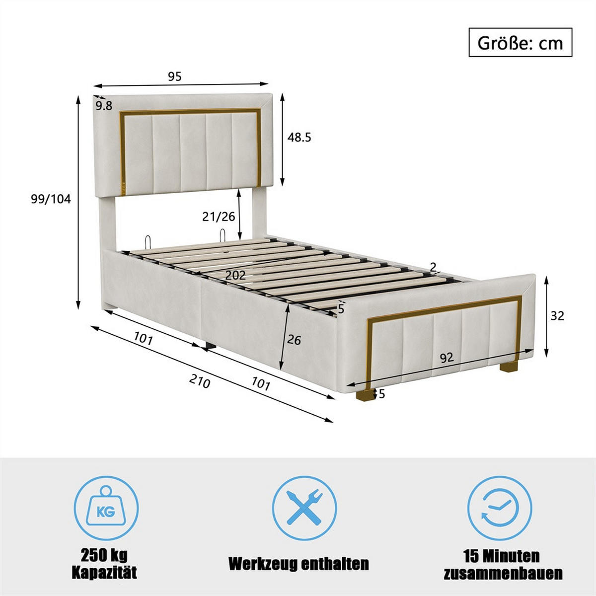 POLSTERBETT 90x200 cm mit hydraulischem Stauraum und Steppmuster im Glamour-Stil - ohne Matratze - Off-White - Creme, Textil (90/200cm) - DELFA