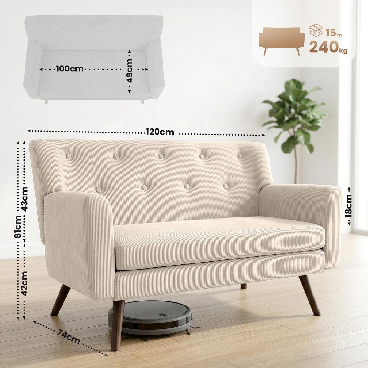 SOFA Arne Cord 2-Sitzer 120x74x81cm Cord Creme Couch - Creme, Kunststoff (120/81/74cm) - DELUKE