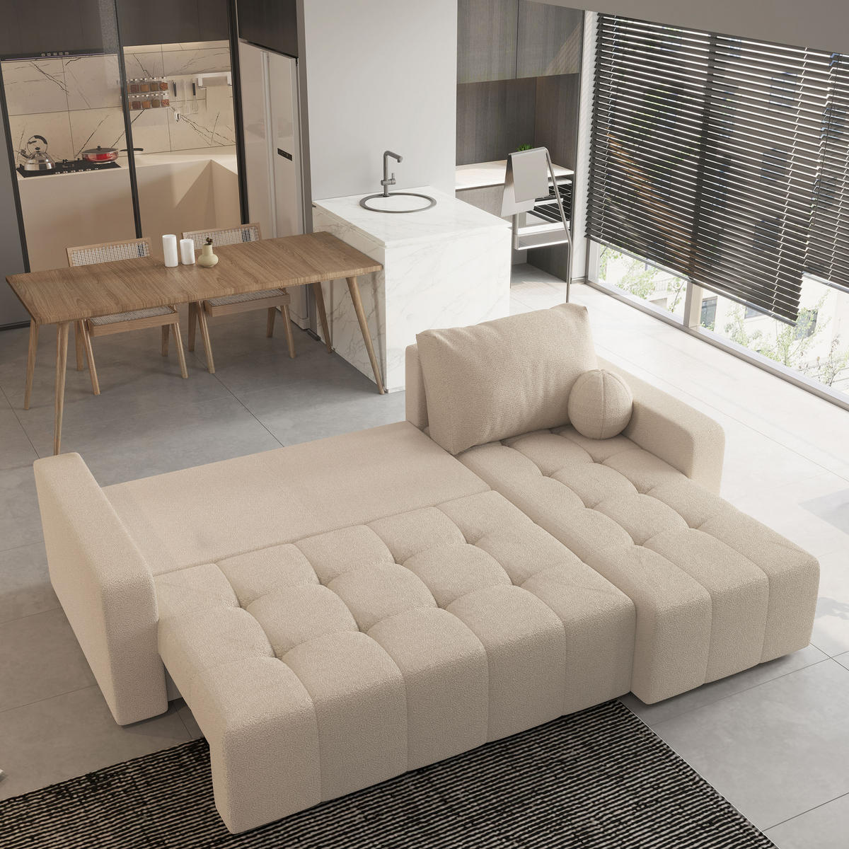 ECKSOFA VOLIRA Creme Boucle-Stoff mit Schlaffunktion - Creme, Holz (230/143cm) - MASSENO