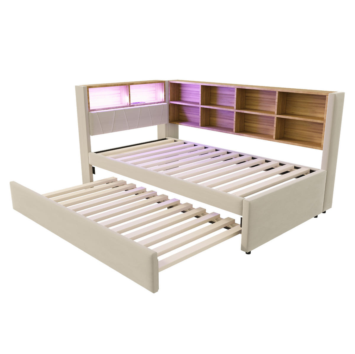 BETT 90/200 cm mit Ausziehbett 90/190 cm, LED-Beleuchtung, USB-C, Steckdose und Stauraum, Beige - Beige, Textil (90/200cm) - Redom