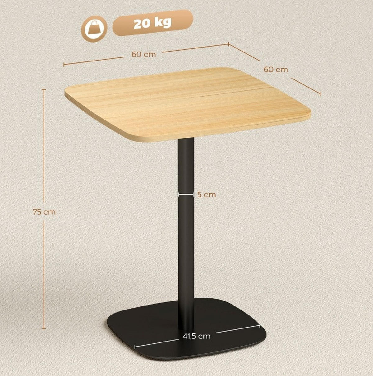 ESSTISCH aus Holz 60x60x75 cm Naturholz mit lackierter Oberfläche, abgerundeten Ecken und Stahlbasis - Braun, Holz (60/60/75cm) - Modfu