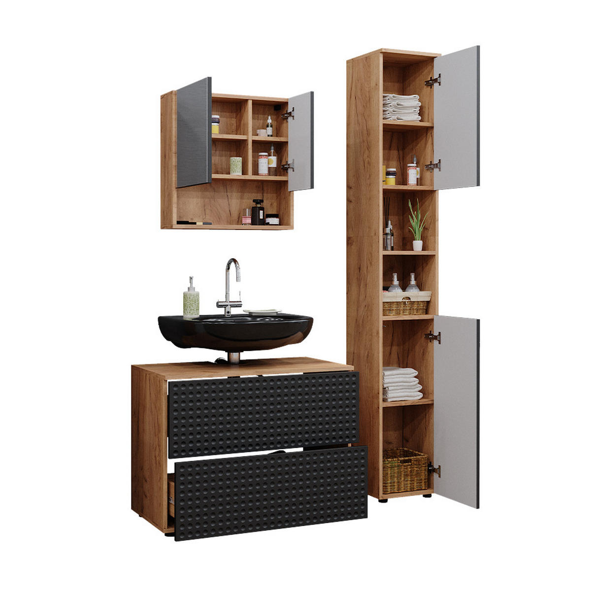 BADMÖBEL-SET Irma Anthrazit gepunktet 3 Teile - Hellbraun/Dunkelgrau, Holzwerkstoff (80/58.6/41cm) - Vicco
