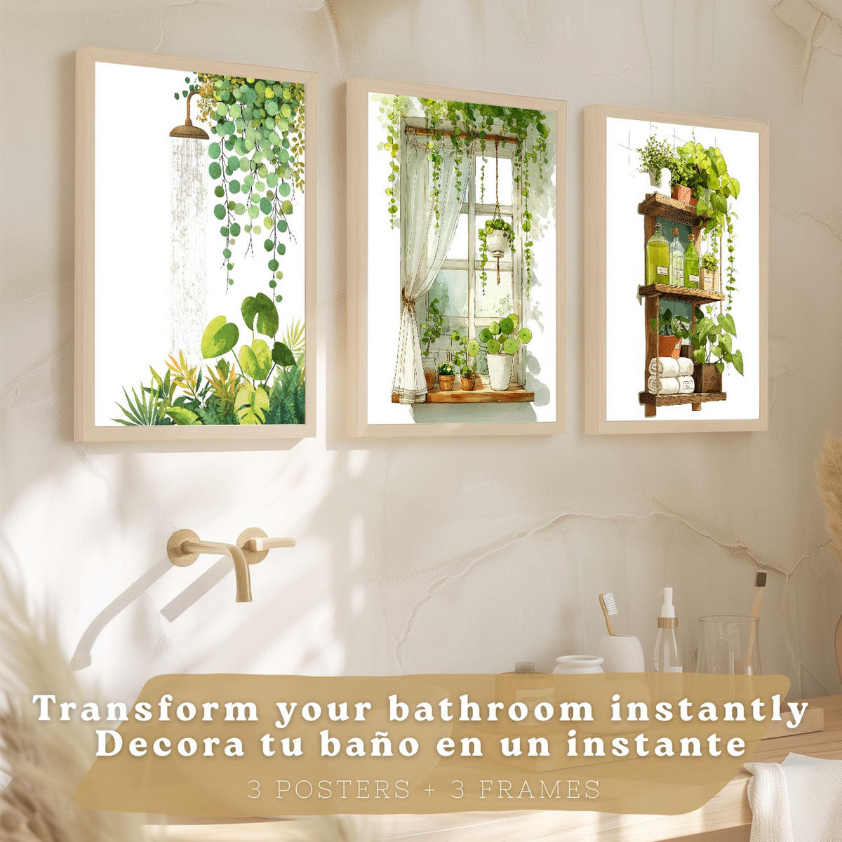 POSTER 3er-Set dekorative Badezimmerbilder im mit grünen Pflanzen, Dusche und Ablage, minimalistisches, Wohndekoration Leichter Holzrahmen A4 - Beige, Papier (29.7/21/3cm) - Nacnic