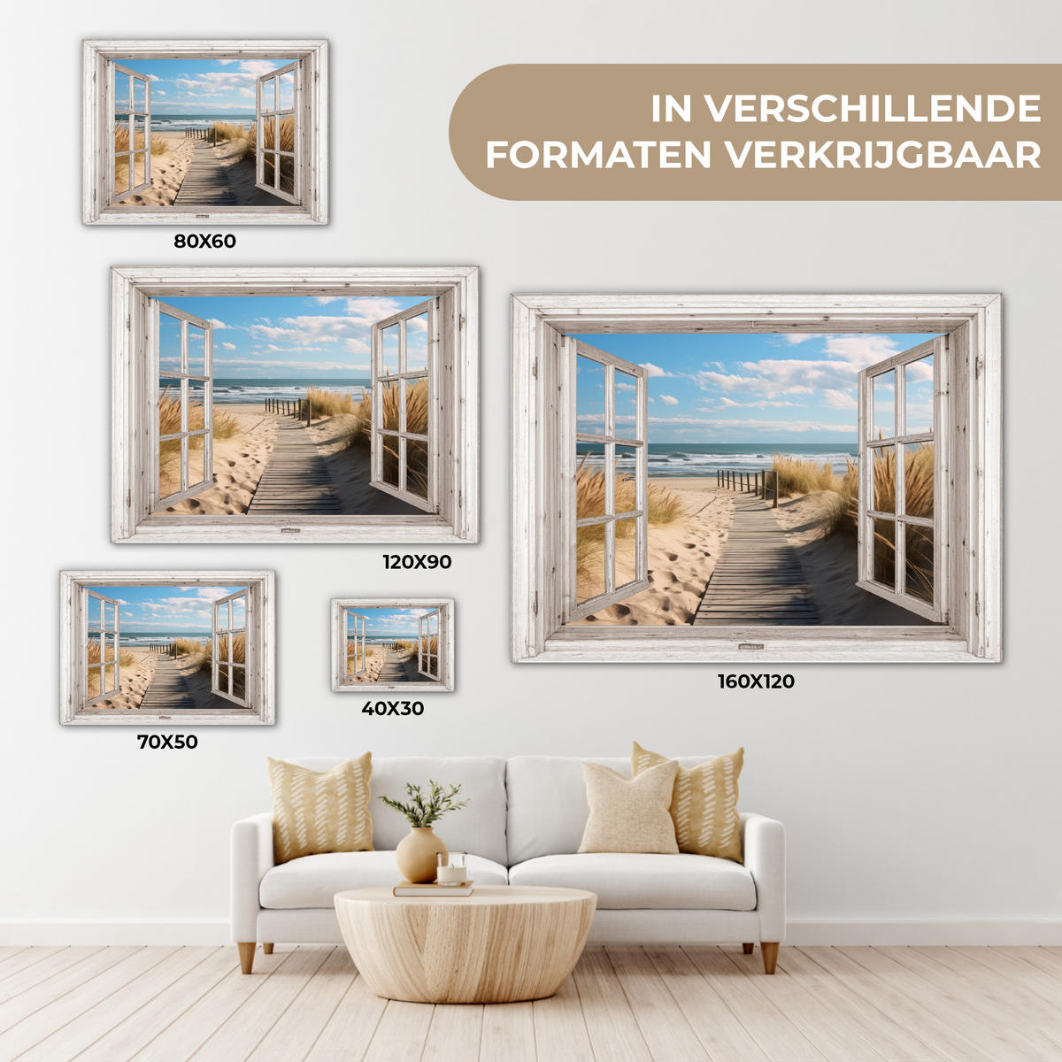 LEINWANDBILD Fenster - Meer - Küste - Natur - Ausblick - Strand - Wattenmeer Wandbilder 80x60 cm - Beige, Textil (80/60cm) - MuchoWow