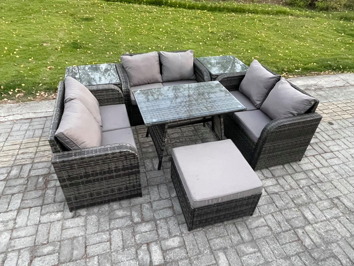 GARTENMÖBELSET mit ESSTISCH,SOFA Polyrattan 7-Sitzer - Dunkelgrau/Grau, Glas/Kunststoff - Fimous