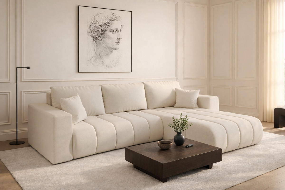 ECKSOFA mit schlaffunktion und bettkasten MILO PREMIUM, stoff WIND, Ecru, Rechts - Ecru, Holz (280/190cm) - Kaiser Möbel