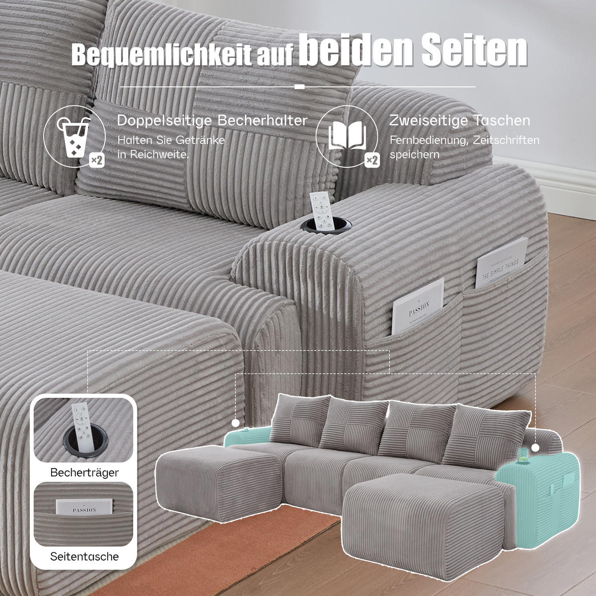 ECKSOFA mit frei kombinierbaren Modulen, Hockern und Getränkehalter sowie Cordbezug und Tasche in Hellgrau - Hellgrau, Textil (333/174cm) - EVRYAE