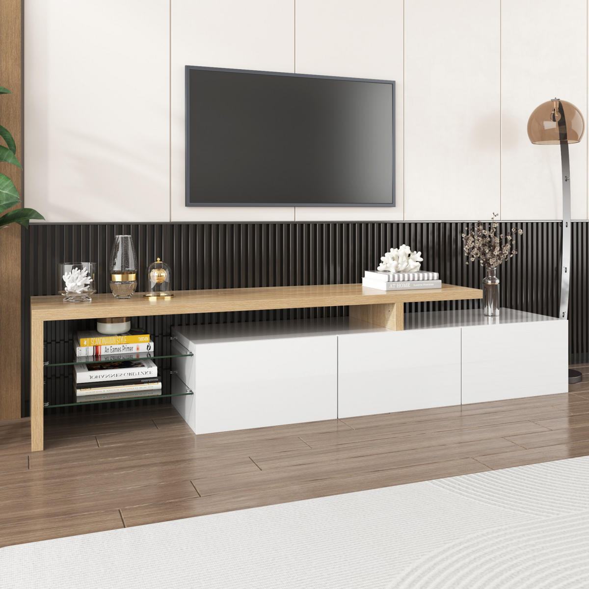 TV Lowboard LED 197x39x42 cm, Glasregale, Weiß Holz - Weiß, Holz (197/42/39cm)