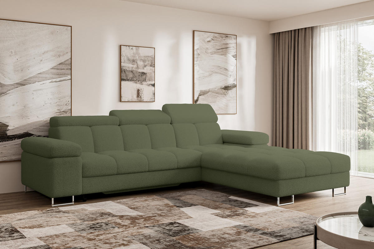 ECKSOFA mit Schlaffunktion Ottomane Rechts COMA L 271x203x79 Grün Bouclé - Smaragdgrün, Holzwerkstoff/Textil (203/271cm) - ALTDECOR