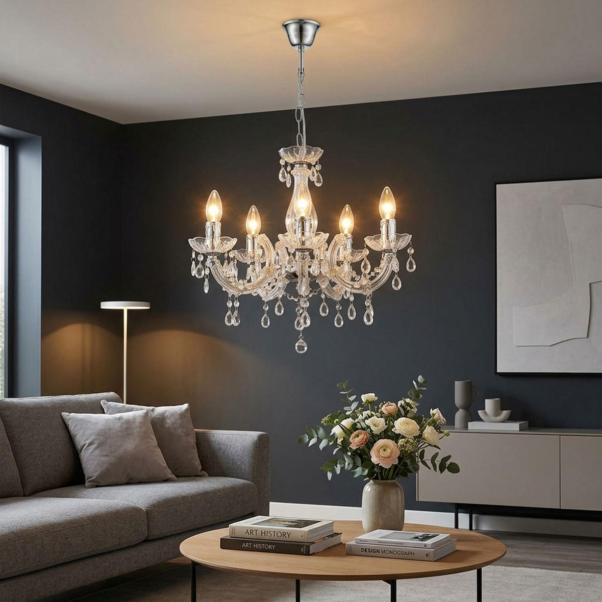 KRONLEUCHTER ACRYLDEKOR CHROM KLAR LED - Klar, Metall (44/44/128cm) - Globo Lighting