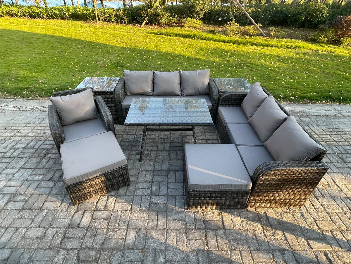 GARTENSET Hohe Rückenlehne Polyrattan 9-Sitzer - Dunkelgrau/Grau, Glas/Kunststoff - Fimous