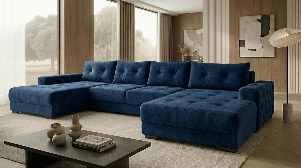 ECKSOFA MODENA 320 cm x 185 cm – Stoff: VELUTTO Blau 11 Farbe: Blau - Blau, Textil (320/185cm) - A&J MöbelLand