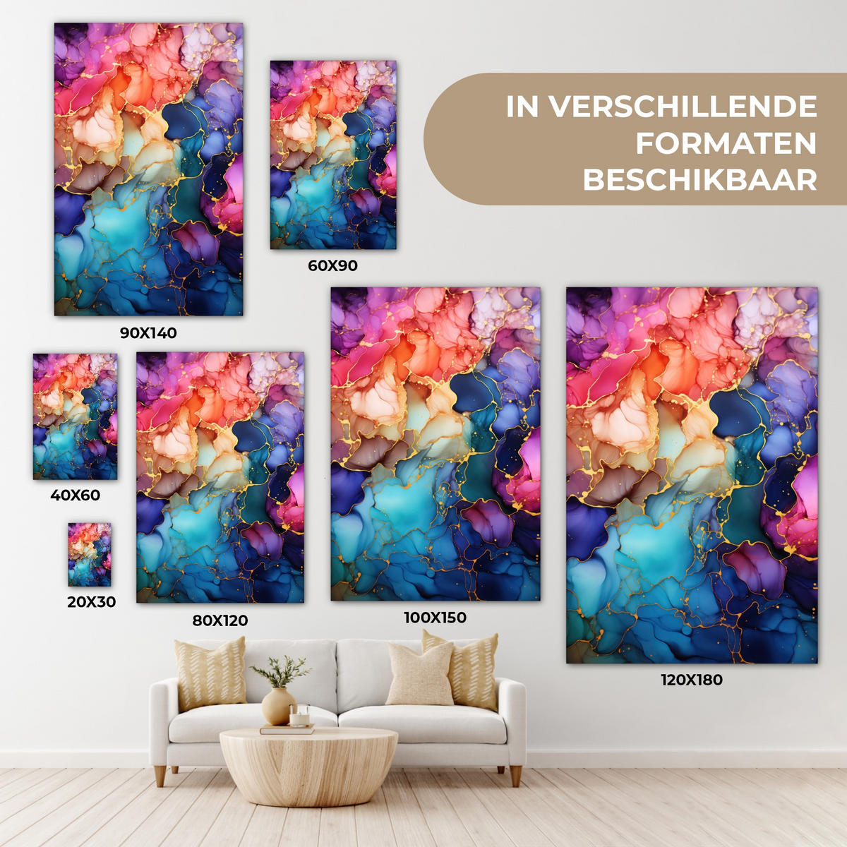 LEINWANDBILD Marmor - Bunt - Abstrakt Deko Groß 90x140 cm - Multicolor, Textil (90/140cm) - MuchoWow