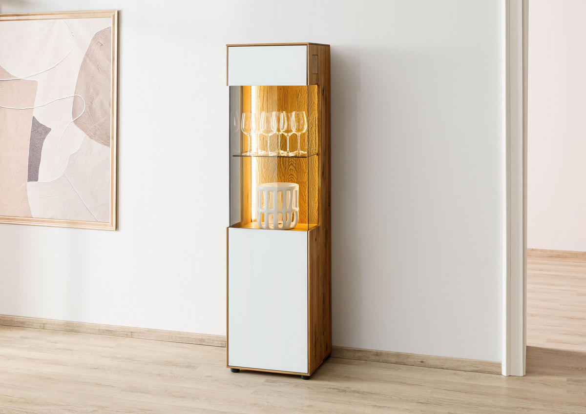 VITRINE Wildeiche 45x38x168 natur geölt / Glas weiß WIEN #130 - Braun, Holz (45/168/38cm) - Massivmoebel24