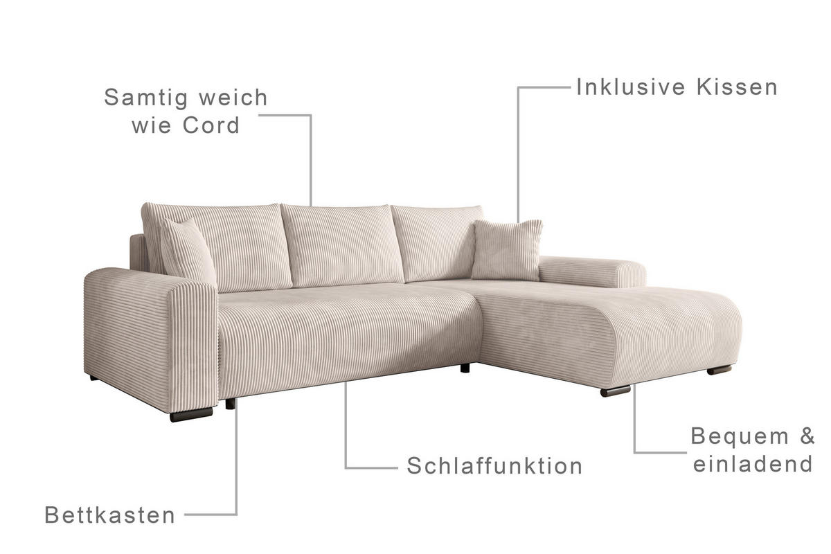 ECKSOFA Nelly mit Bettkasten und Schlaffunktion, Cordstoff in L-Form - Creme, Textil (270/185cm)