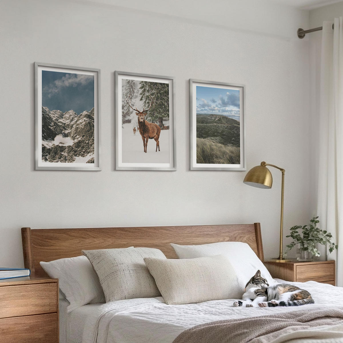 WANDBILDER 3er Set - 40x60 cm Silberner Rahmen - Berge, Schnee, Hirsche, Waldlandschaft - Silberfarben, Kunststoff (40/60cm) - ArtPrintCave