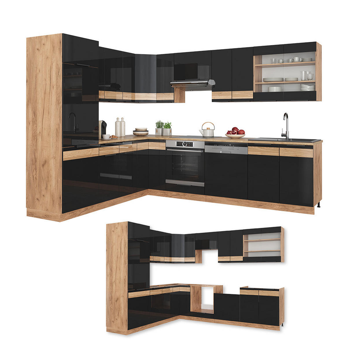 ECKKÜCHE Fame-Line Schwarz-Eiche Hochglanz/Goldkraft Eiche 227 x 60 cm - Schwarz Hochglanz/Eiche Wotan, Holzwerkstoff (287/82/60cm) - Vicco