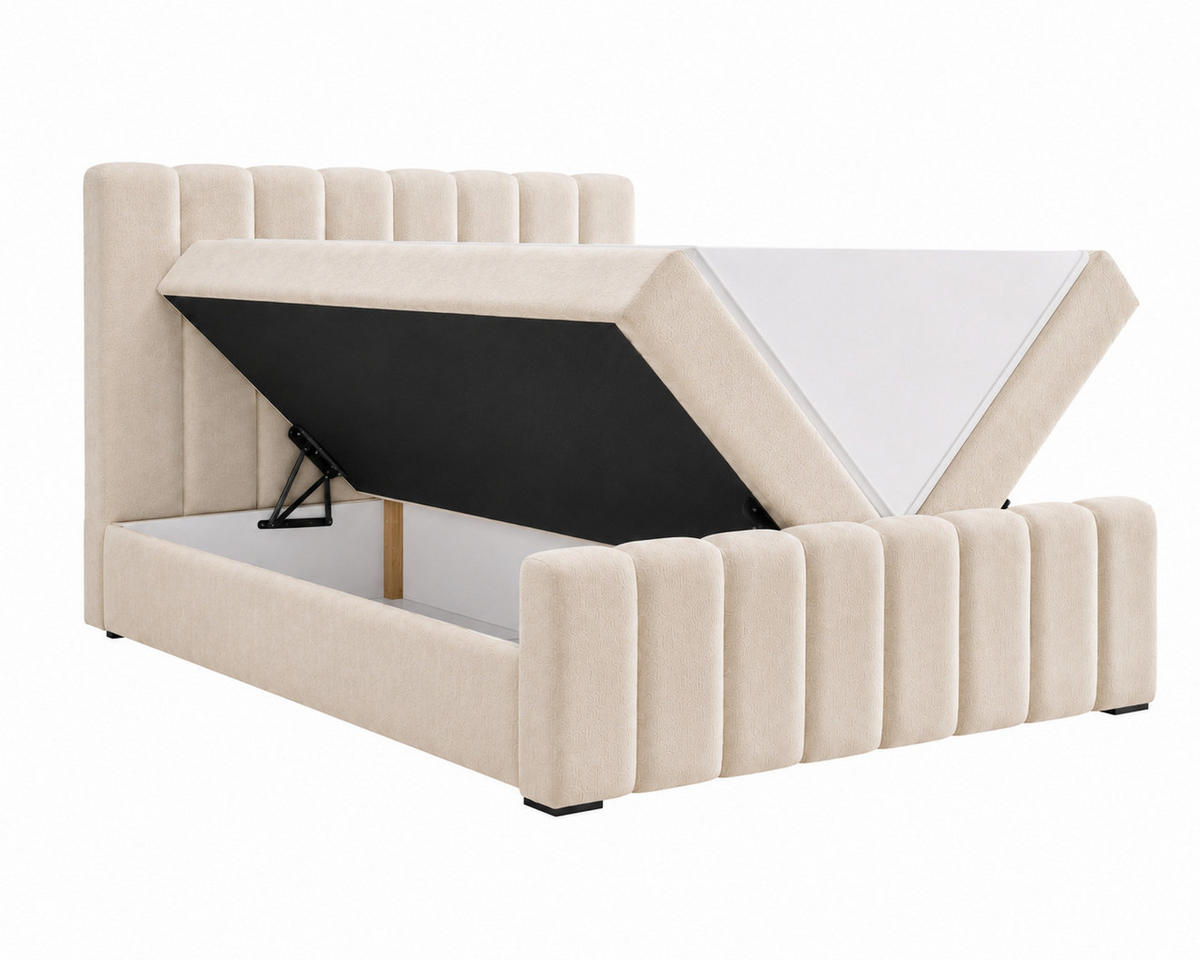 BOXBETT 01 BIS 160 x 200 cm - Vibe - Modernes Polsterbett mit Bettkasten inkl. PU-Schaum-Topper und Federmechanismus - Beige, Holz (160/200cm) - ROYAL24_MARKT