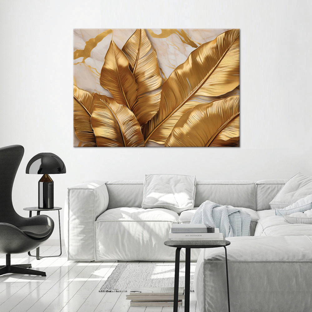 WANDBILD goldene blätter auf marmorhintergrund abstrakt - Goldfarben, Textil (60/40cm) - Feeby