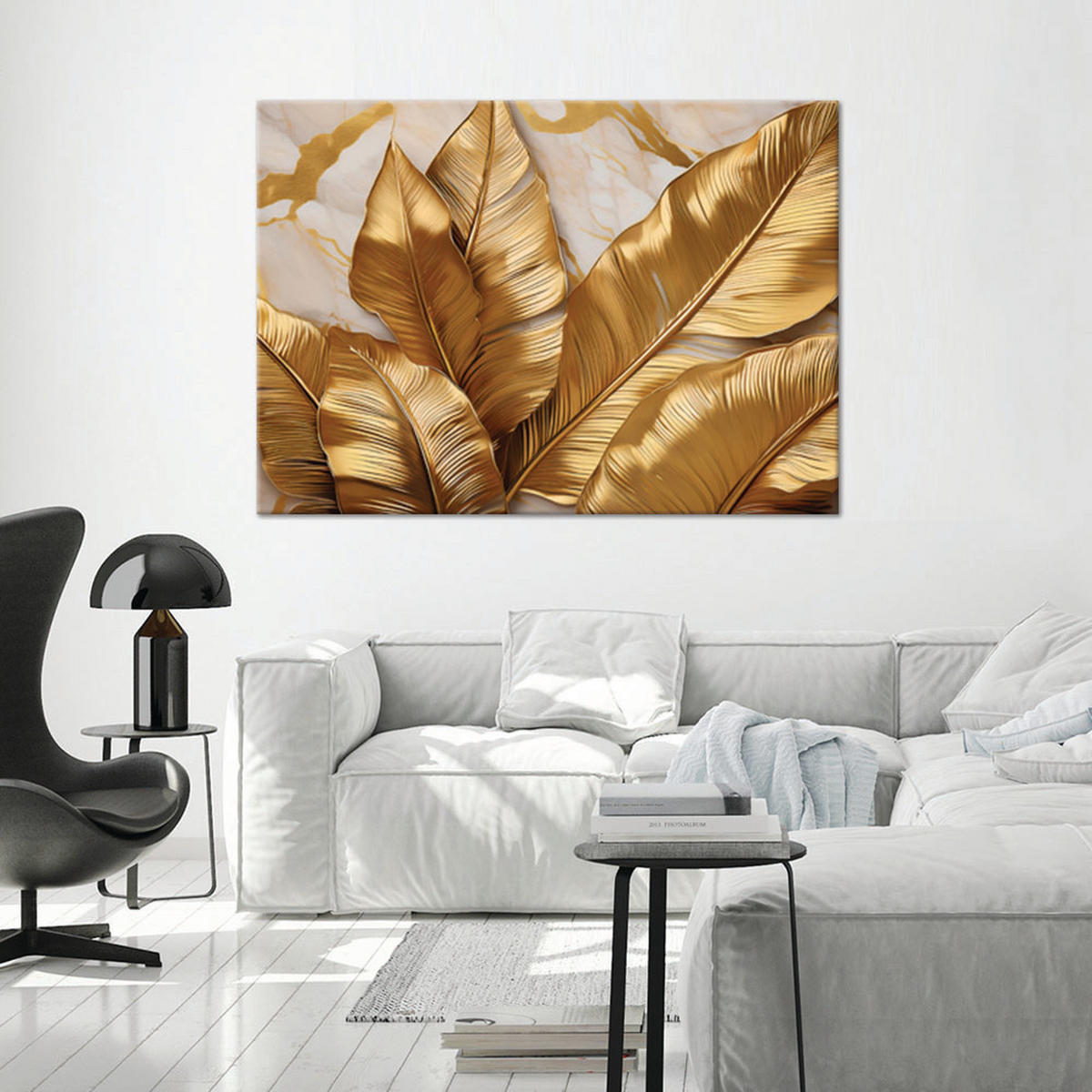 WANDBILD goldene blätter auf marmorhintergrund abstrakt - Goldfarben, Textil (60/40cm) - Feeby