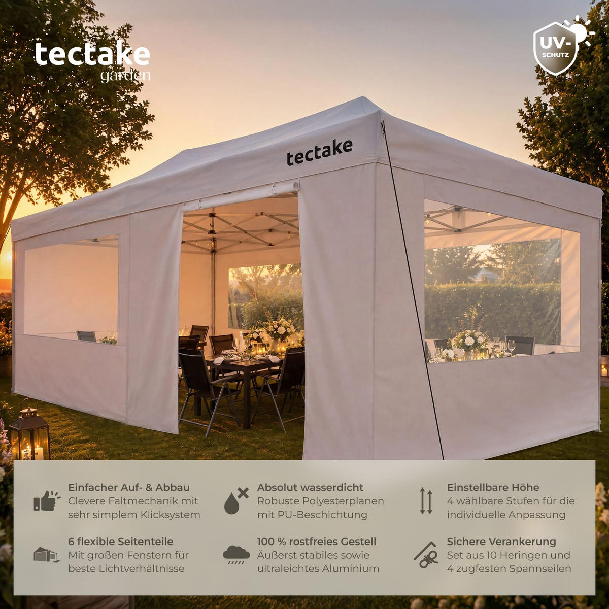 FALTPAVILLON aus Aluminium Viola, inklusive Spannseilen, Heringen und Tragetasche, weiß - Weiß, Kunststoff (300/316/600cm) - tectake