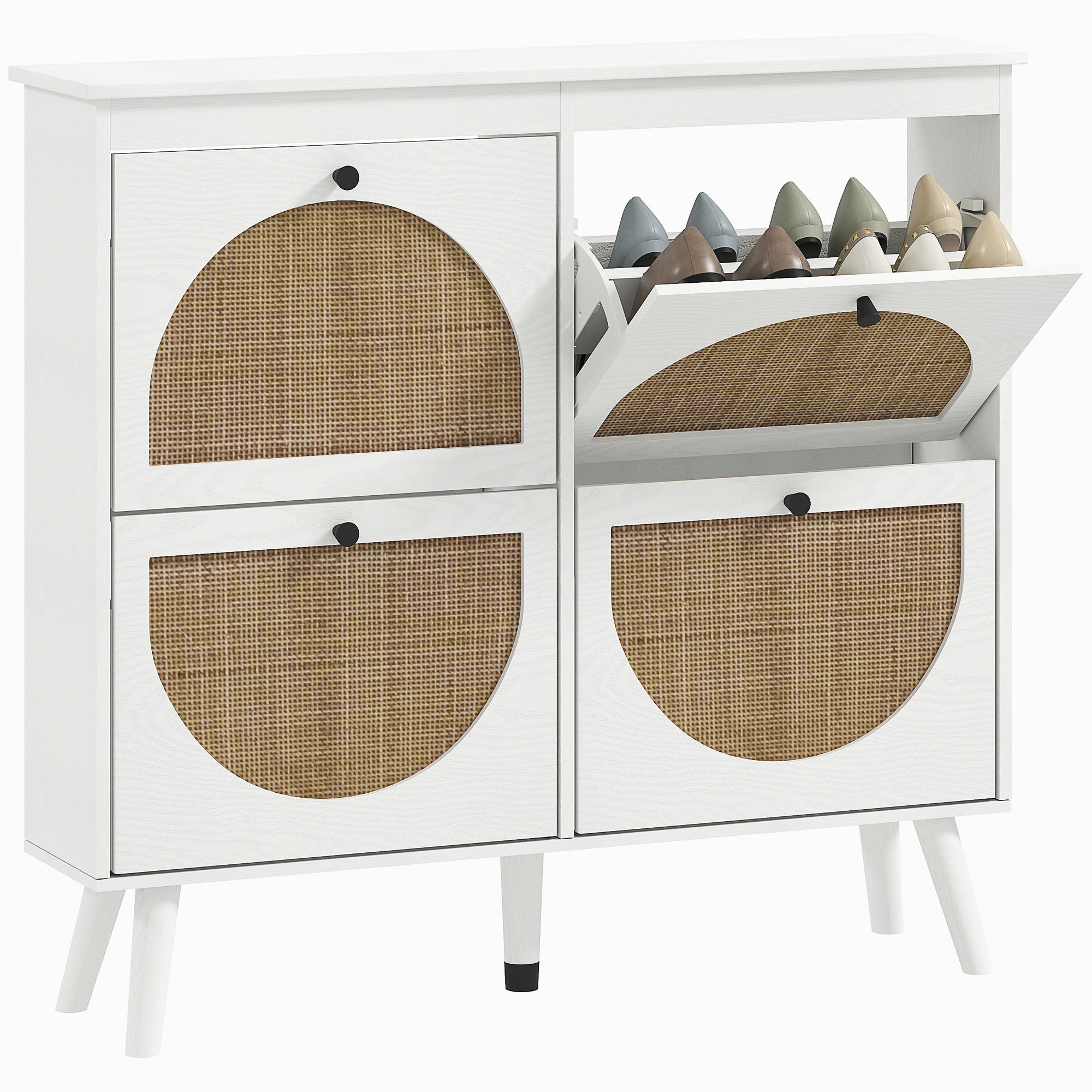 SCHUHSCHRANK DE-15022 4 Klapptüren in Rattan-Optik Weiß - Weiß, Holzwerkstoff (105/97.5/24cm) - ComfortXL