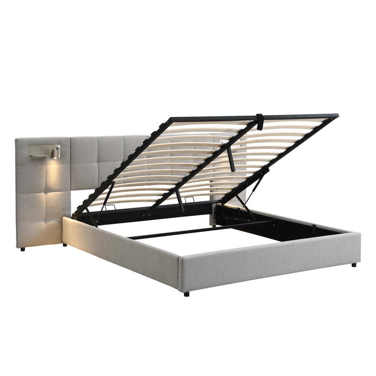 POLSTERBETT aus Leinen 180x200 cm in Grau mit USB & kabellosem Laden & Licht - Grau, Leder (180/200cm) - Modfu