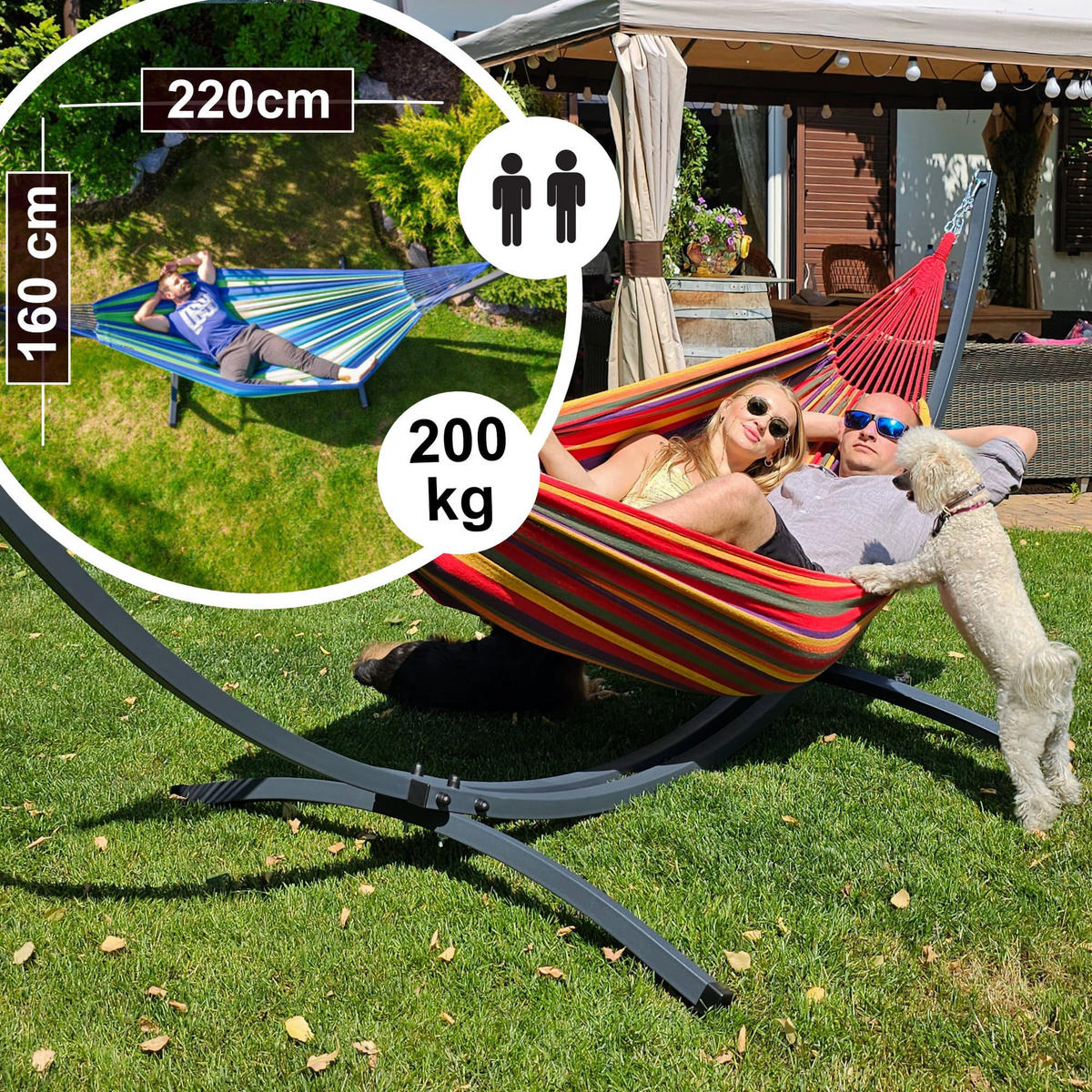 HÄNGEMATTE mit Gestell, 2 Personen, XXL, 200 kg, Metall, Rot, einfache Montage - Rot, Metall (370/130/120cm) - Potenza