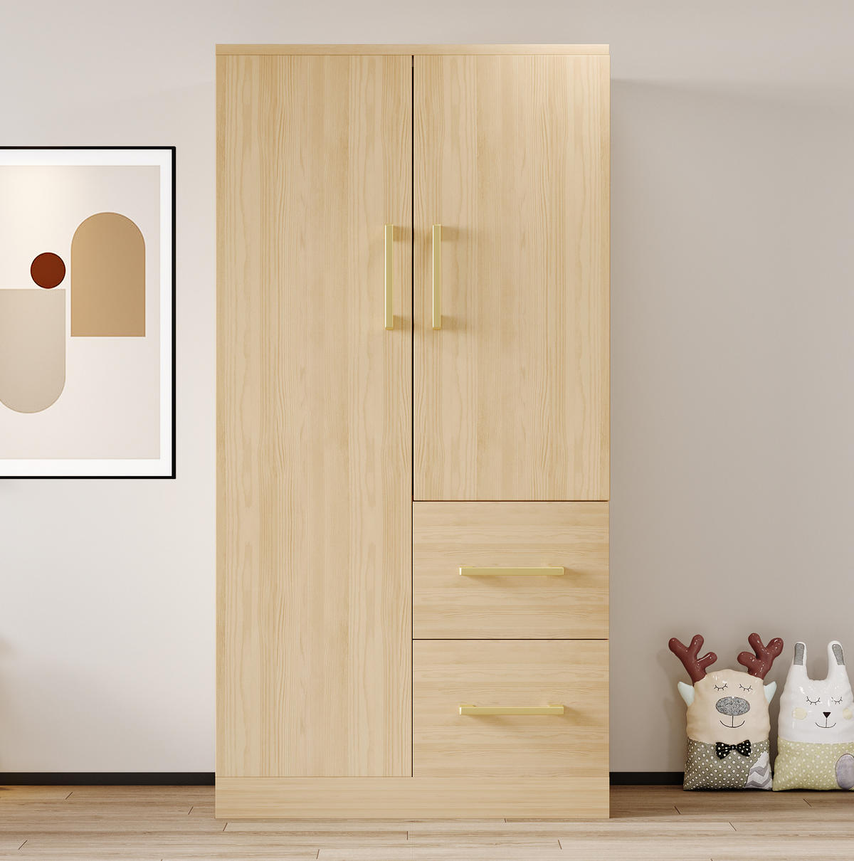 KLEIDERSCHRANK aus Holz 70x40x135 cm Holzfarbe mit Doppeltüren, 2 Schubladen und großem Stauraum - Naturfarben, Holzwerkstoff (70/135/40cm) - Modfu