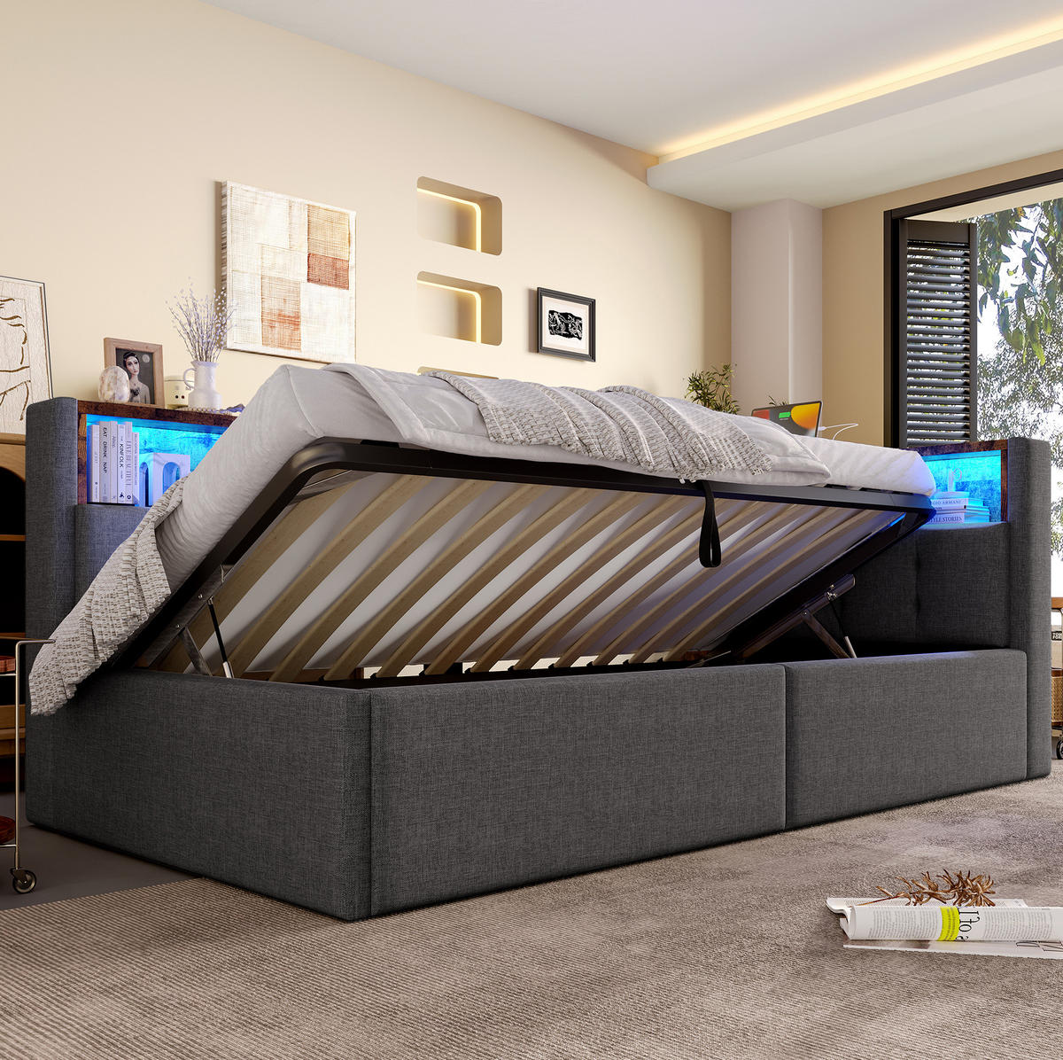 DENNÁ posteľ z MDF a ľanu 90x200 cm sivá s LED osvetlením, USB a Type-C portami a hydraulickým úložným priestorom - sivá, textil (90/200cm) - Modfu