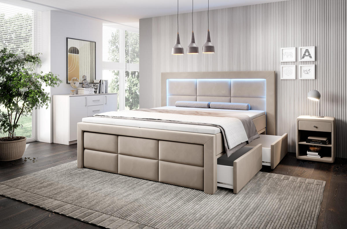 BOXSPRINGBETT Aspen mit Schubladen und Topper, LED-Beleuchtung, Samt, 180x200 cm, Beige - Beige, Holz - PROMETO Möbel
