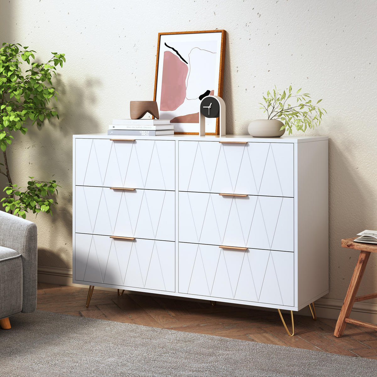 KOMMODE Weiß 6 Schubladen,Sideboard für Wohnzimmer und Schlafzimmer - Weiß, Holz/Metall (34/73/100cm) - PARAFTA HOME