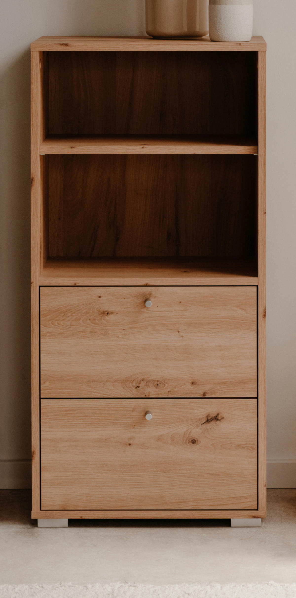 REGAL Eiche Artisan 46 x 97 cm, Standregal mit 2 Schubladen - Silberfarben/Eiche Artisan, Holzwerkstoff/Kunststoff (46/96.5/33.5cm) - Furn.Design