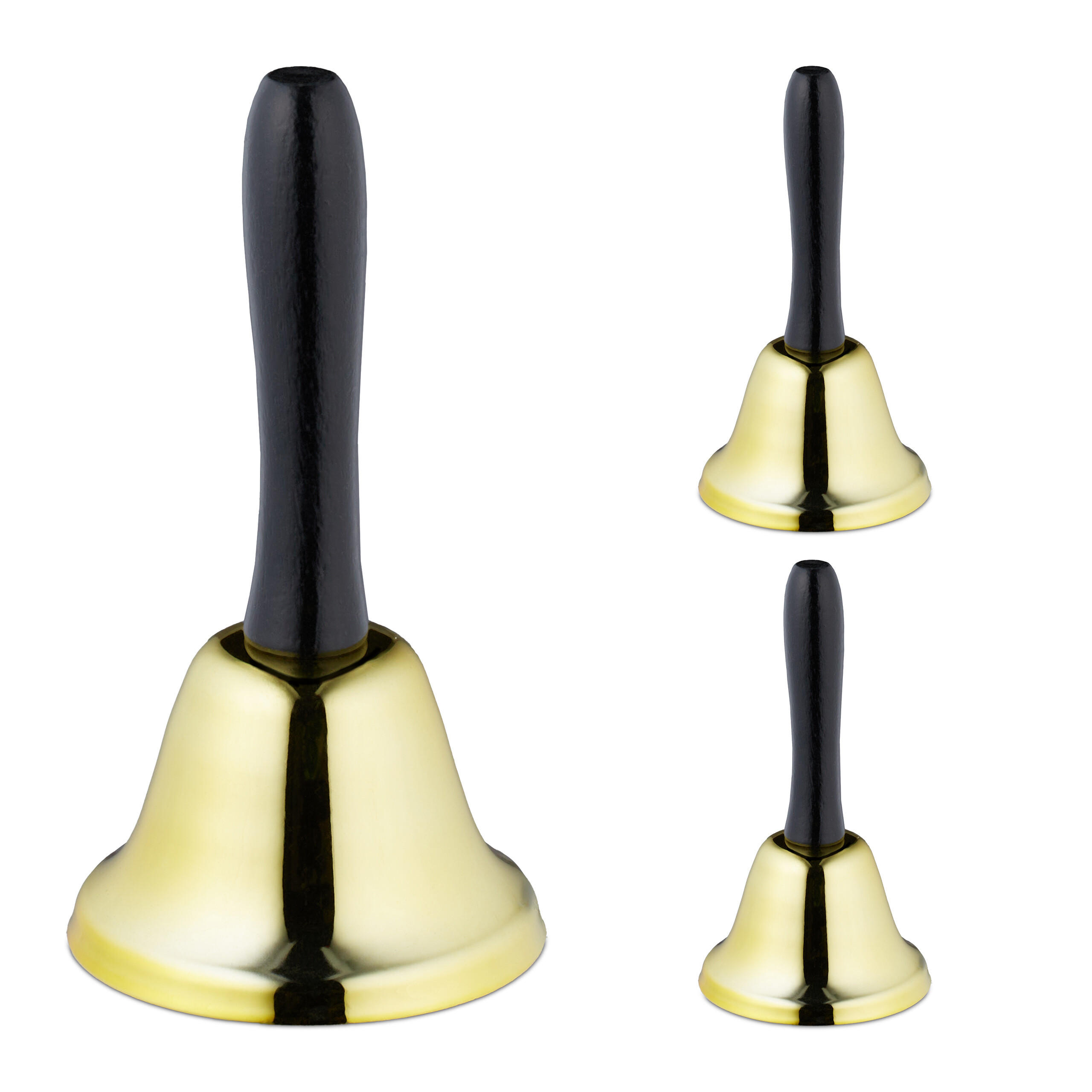 3XHANDGLOCKE - Goldfarben, Holz/Metall (6.5/12/6.5cm) - Relaxdays