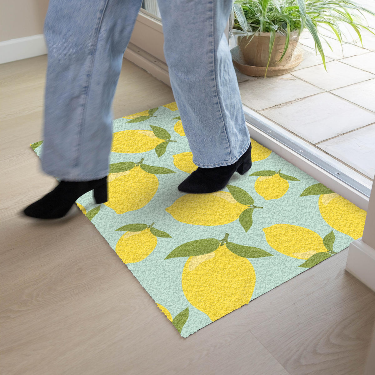 FUSSMATTE Muster Zitronen - Gelb - Blau - Muster - Früchte 90x60 cm - Gelb, Kunststoff (90/0.4cm) - MuchoWow