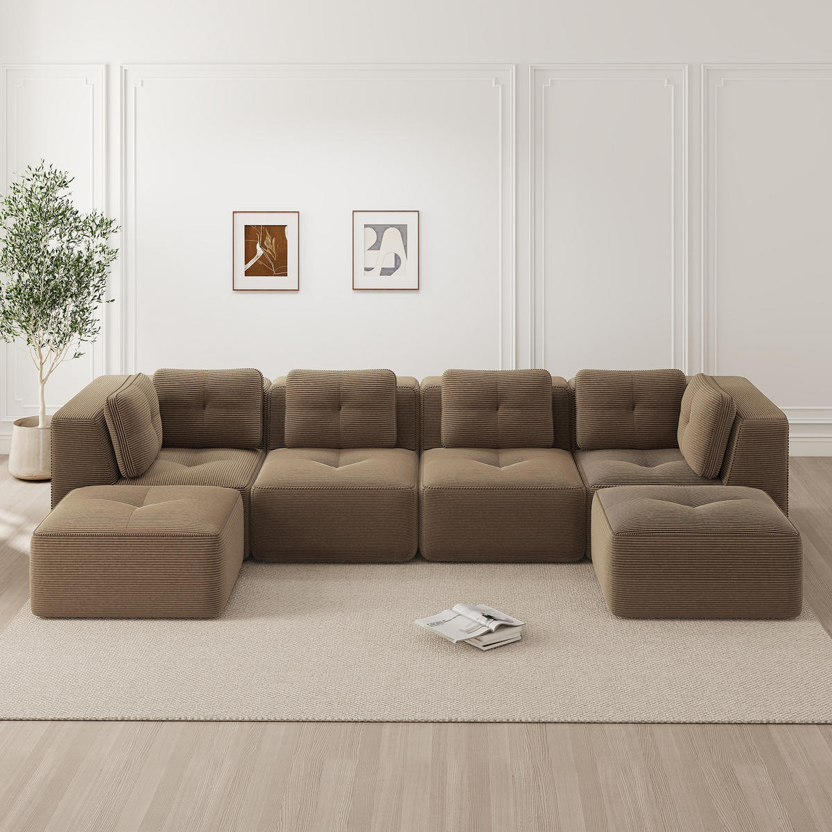 4-SITZER Sofa 386×177×69 cm Cordstoff rahmenlos modular mit 2 Ottomanes, braun - Braun, Textil (177/69/386cm)
