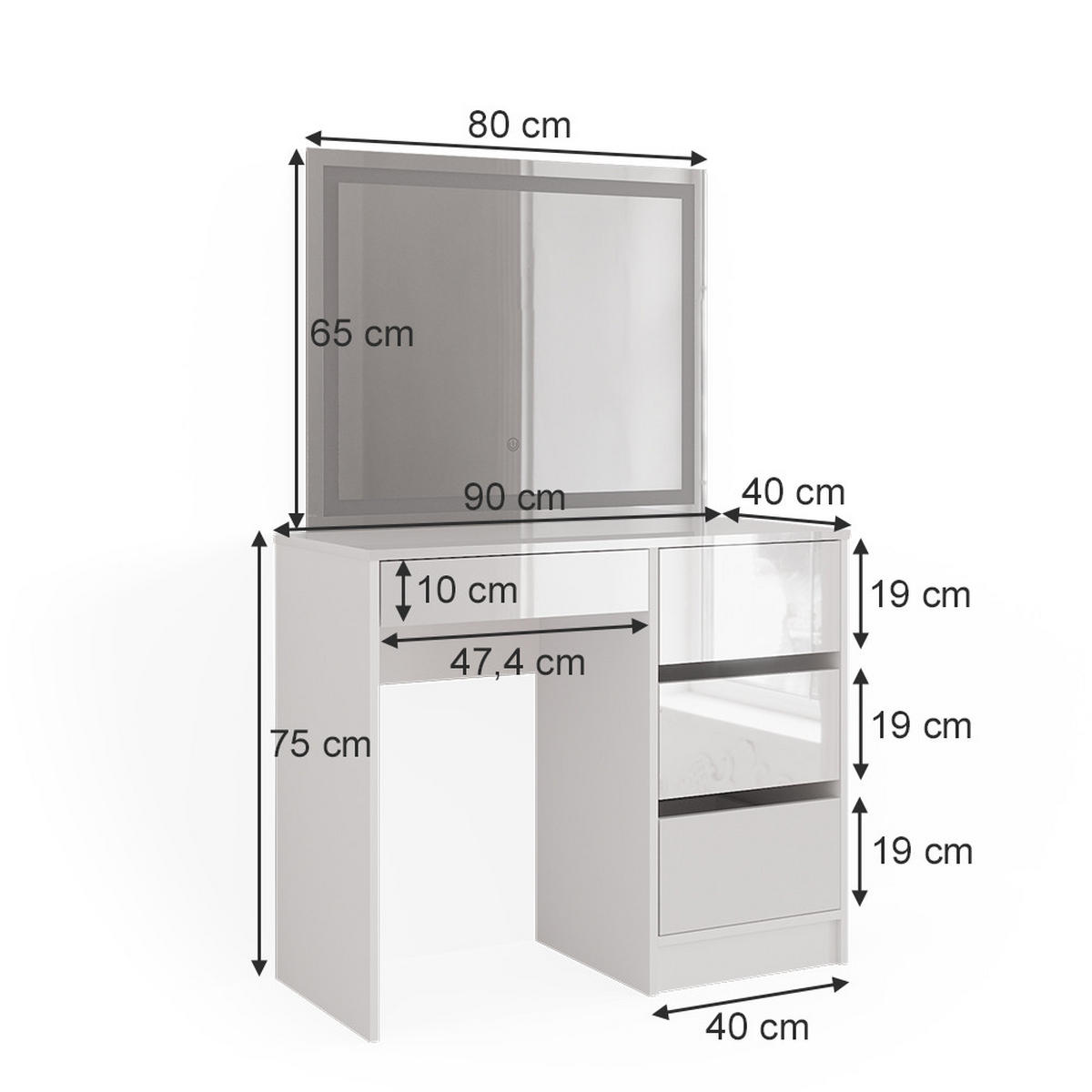 SCHMINKTISCH Sherry Weiß 90 cm mit LED-Spiegel - Weiß Hochglanz, Holzwerkstoff (90/75/40cm) - Vicco