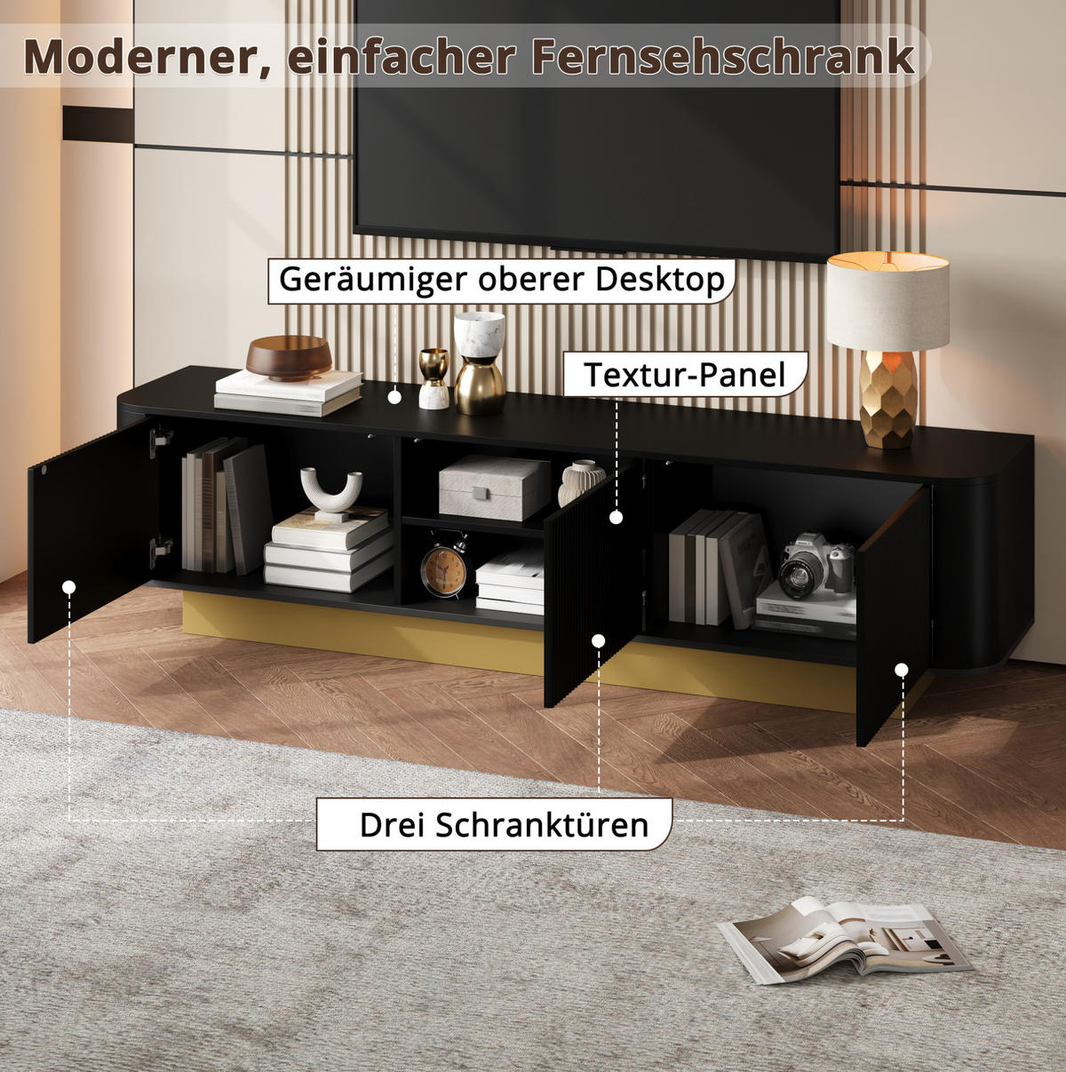 TV-LOWBOARD 170/40,5/47 cm Schwarz aus MDF und Holzwerkstoff mit Kabelmanagement - Schwarz, Holzwerkstoff (170/47/40.5cm) - OKWISH