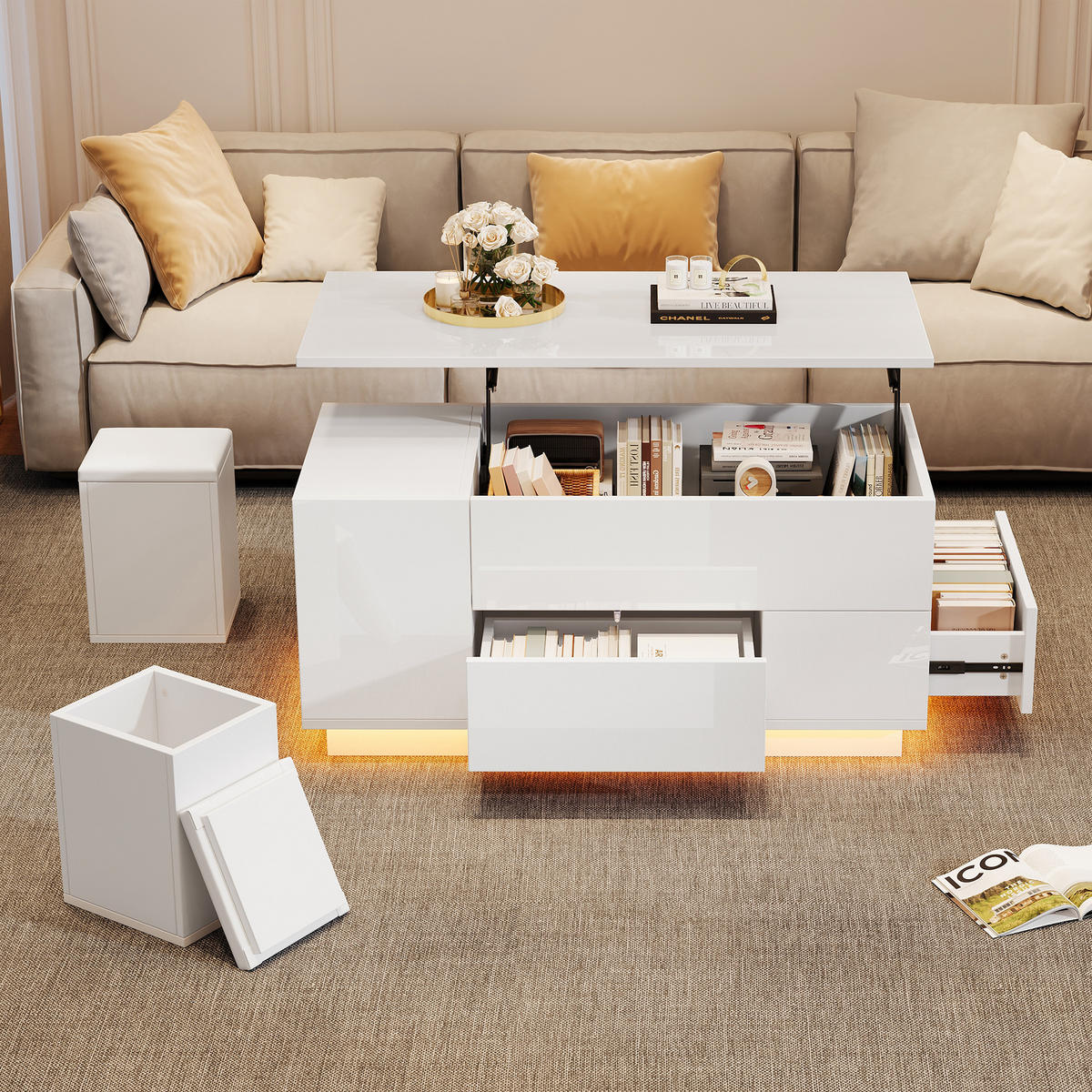 COUCHTISCH Weiß 100/50/45 cm mit Hebefunktion, LED-Beleuchtung und 2 Hockern - Weiß, Holzwerkstoff (50/100/45cm) - PANGIVO