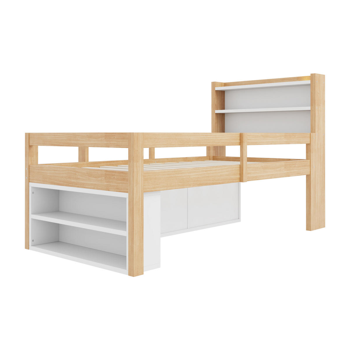 HOCHBETT 90/200 cm in Naturholz mit Ablageflächen, Staufächern, Schiebetüren, LED und USB - Naturfarben, Holz/Holzwerkstoff (90/200cm) - WISHDOR
