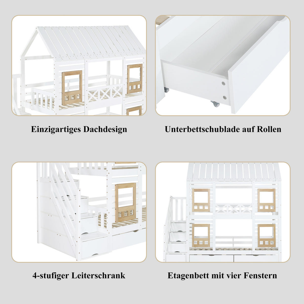 ETAGENBETT 90/200 cm in Weiß/Natur mit Stauraumtreppe und 2 Schubladen - Weiß, Holz (90/200cm) - OKMYHOME