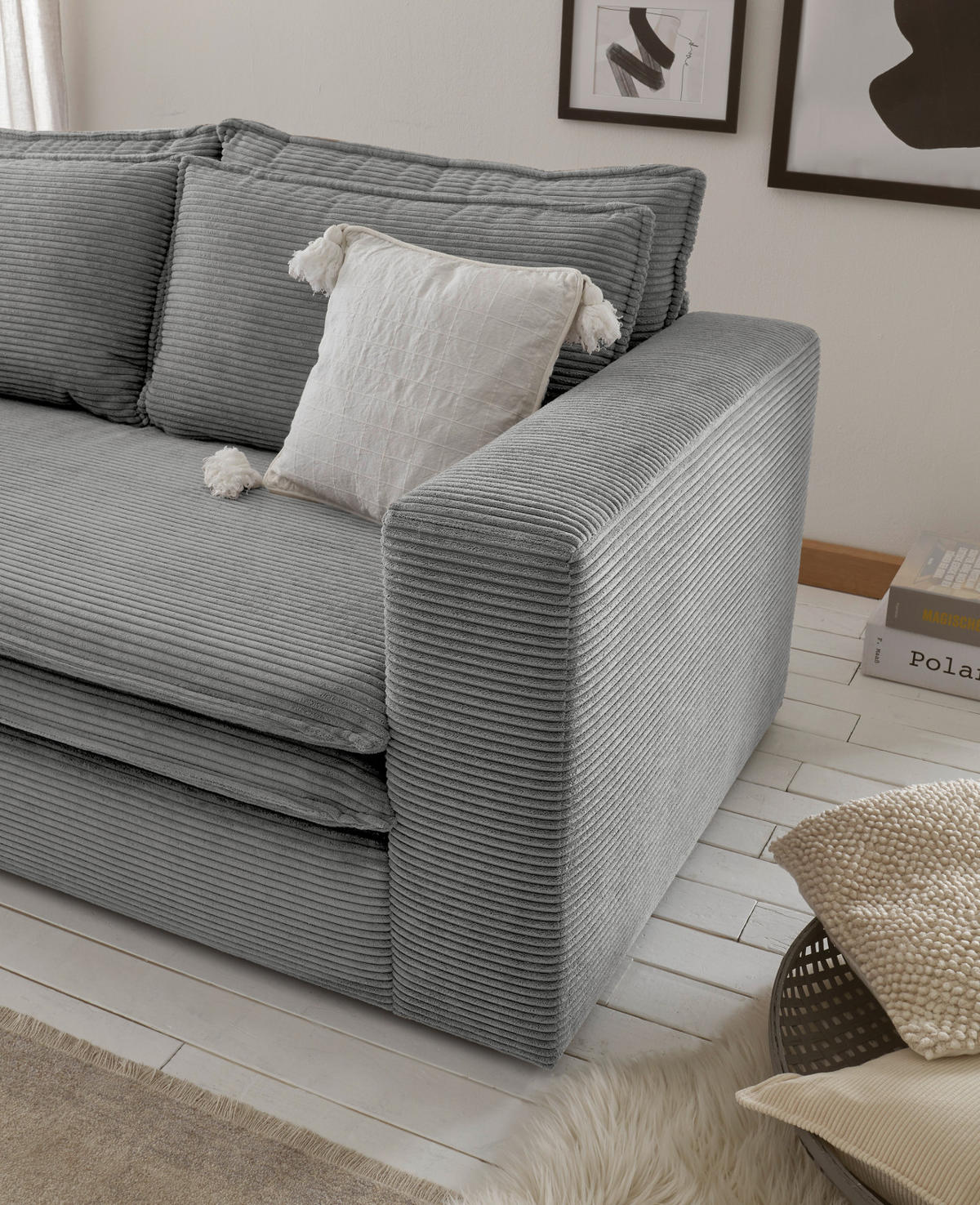 SOFA hellgrau Cord, Couch 2-Sitzer 180 cm - Beige/Hellgrau, Holz/Textil (180/83/91cm) - Furn.Design