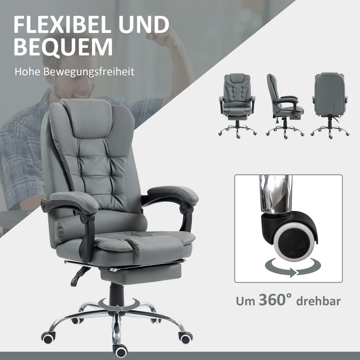 CHEFSESSEL Bürostuhl mit Fußstütze, Schreibtischstuhl mit Neigefunktion Grau - Grau, Kunststoff (69/117/64.5cm) - HOMCOM